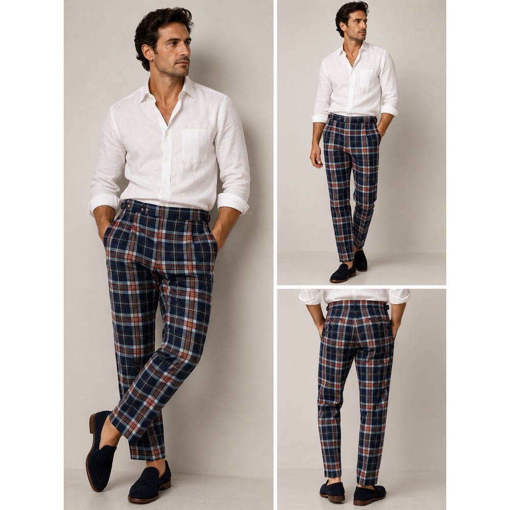 Polo Ralph Lauren Gregory Plaid Trousers Mens 34 Navy Red Cotton Pleated NEW